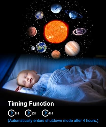 Baby sleeping under a night light featuring planets and a sun with a timing function.