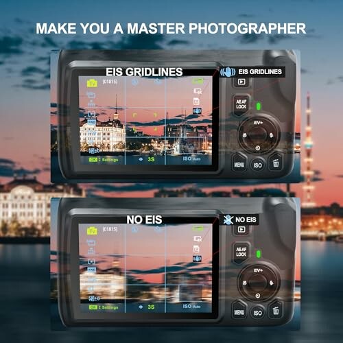 Comparison of camera displays showing EIS gridlines and settings.