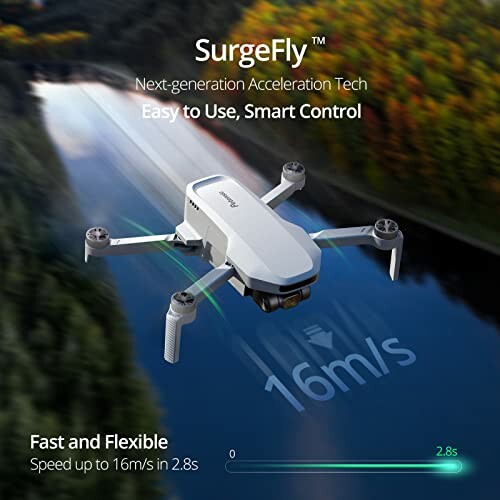 Drone in flight over water with speed display and text 'SurgeFly Easy to Use, Smart Control'.