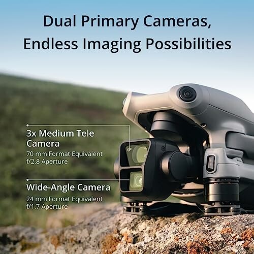 Drone with dual primary cameras, highlighting medium tele and wide-angle camera features.