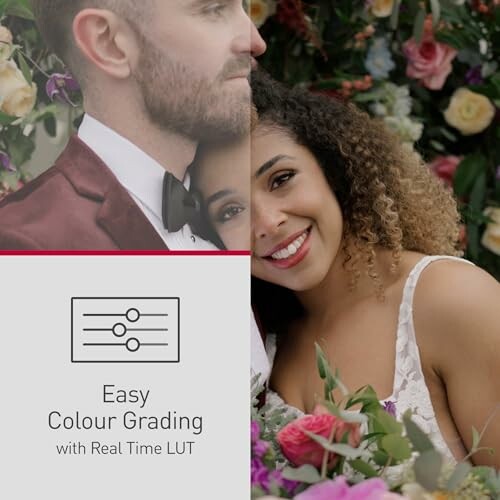 Couple embracing with floral background, promoting easy color grading with real-time LUT.