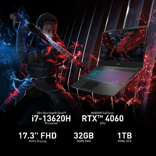 Gaming laptop with Intel i7 processor and RTX 4060 GPU, featuring a 17.3-inch FHD display, 32GB RAM, and 1TB NVMe SSD.