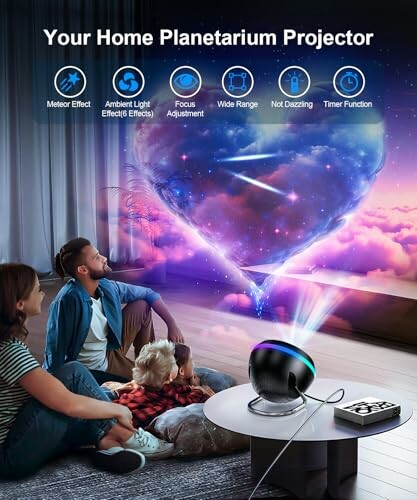 Family using a home planetarium projector with colorful sky effects