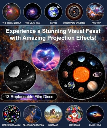 Various cosmic and themed projection images including nebulae, planets, and more.